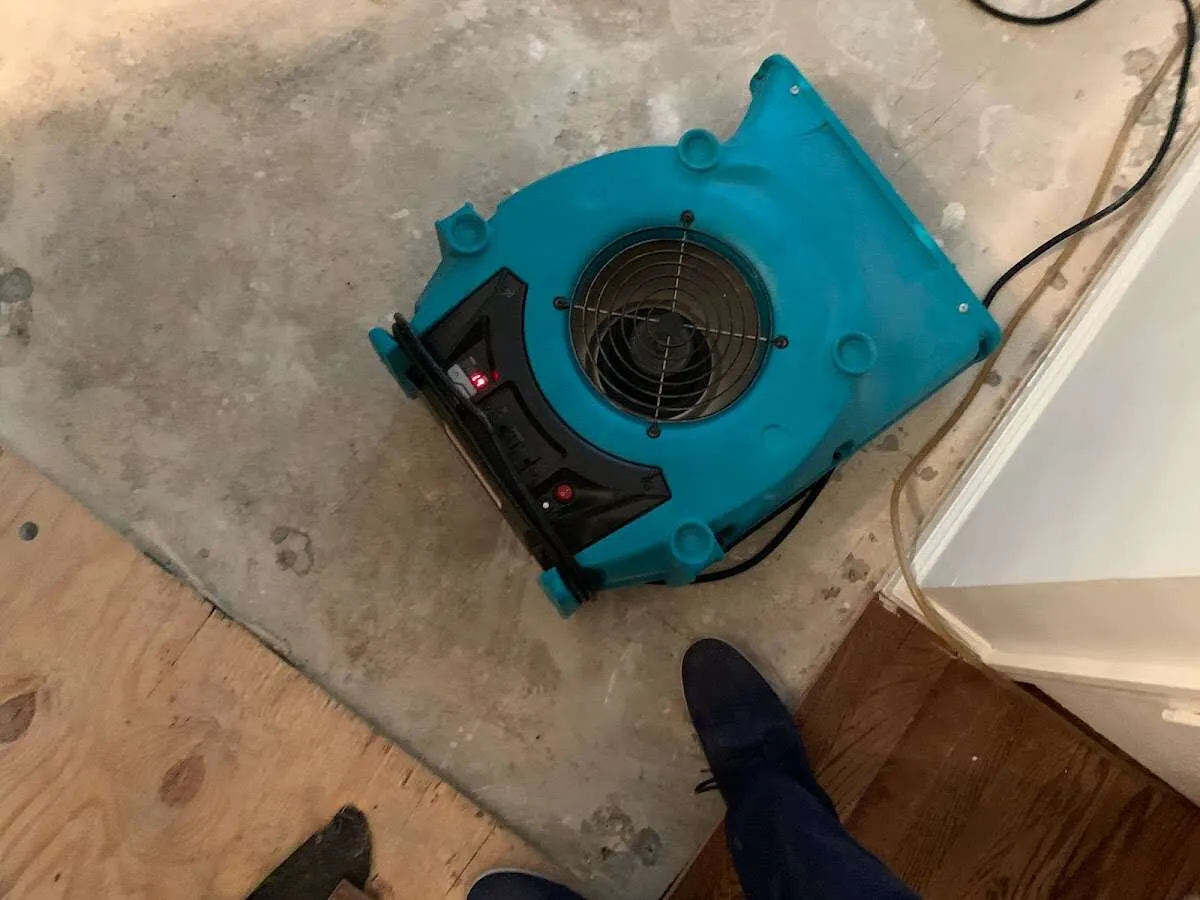 Air mover drying subfloor during Leak Detection & Repair in Tanglewilde
